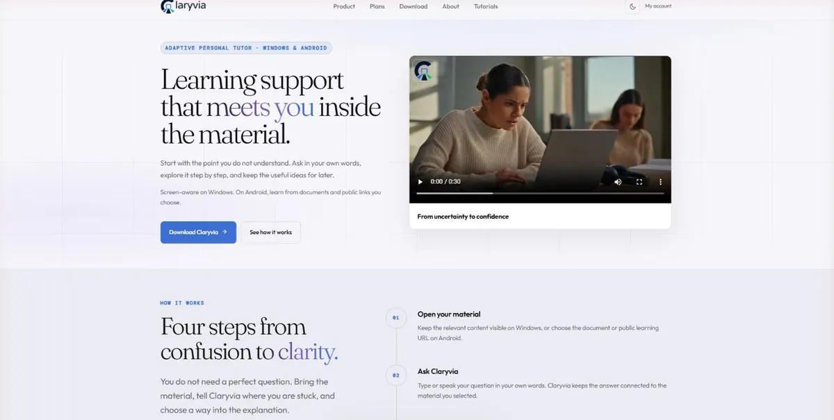 The Claryvia website, showing its introduction and product video