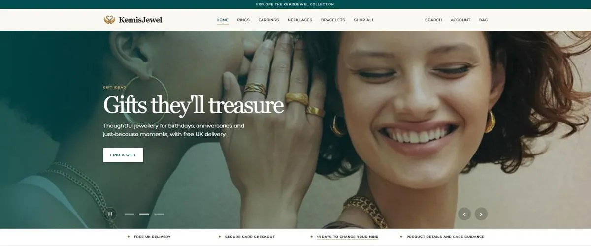 The KemisJewel homepage with its gift collection banner